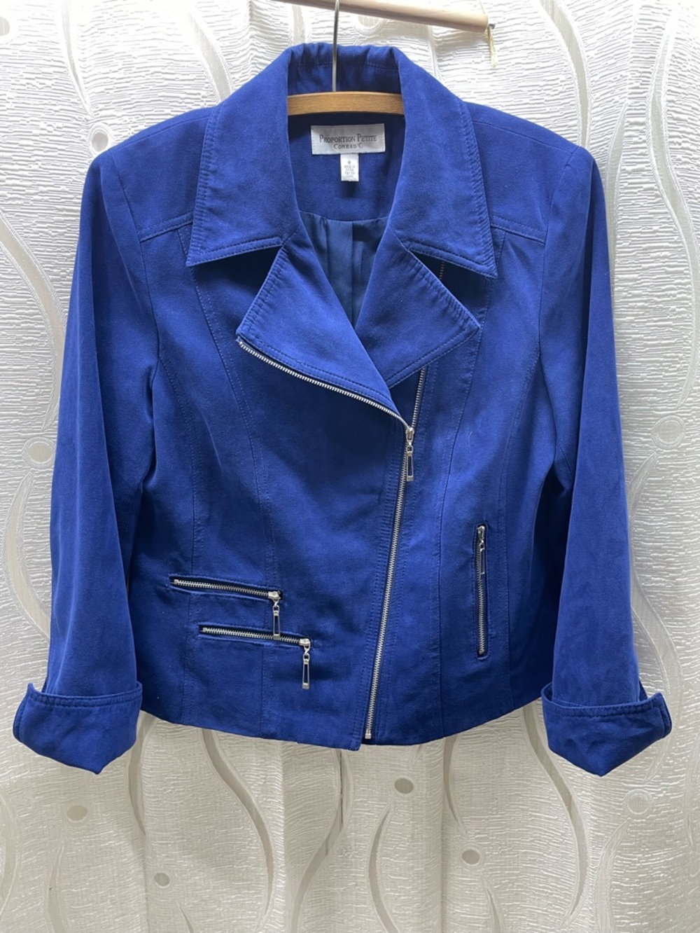 Conrad C Moto Jacket Womens 8P Blue Excellent Faux Suede‎ Zip BQ10436P